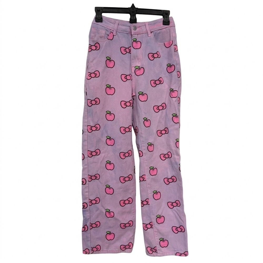 Hello Kitty Jeans Custom TyeDyed XS Wide Leg Y2K  Bow Apple Print Kawaii Kidcore